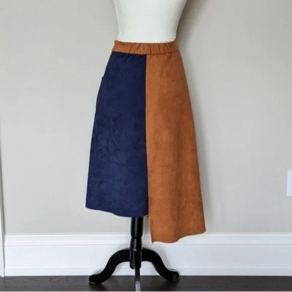 Suede asymmetrical colourblock camel/blue midi a-line skirt - Picture 4 of 7